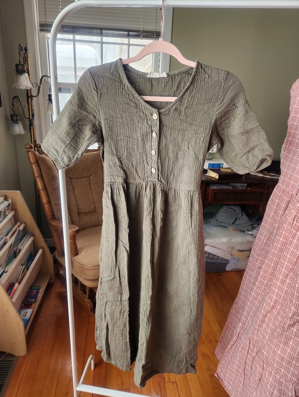 Olive Green Textured Midi Dress with Button Front